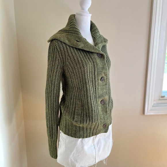 Vintage Retro Style Grandpa Grunge Green Chunky Knit Sweater Button Front Cozy M - Picture 3 of 10